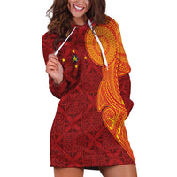 Niue Polynesian Hiapo Tattoo Art Hoodie Dress Half Style Red Yellow Color - Polynesian Pride