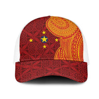 Niue Polynesian Hiapo Tattoo Art Mesh Trucker Cap Half Style Red Yellow Color LT03 One Size White Red - Polynesian Pride
