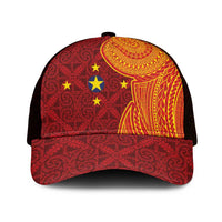 Niue Polynesian Hiapo Tattoo Art Mesh Trucker Cap Half Style Red Yellow Color - Polynesian Pride