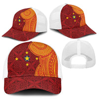Niue Polynesian Hiapo Tattoo Art Mesh Trucker Cap Half Style Red Yellow Color - Polynesian Pride