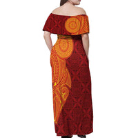 Niue Polynesian Hiapo Tattoo Art Off Shoulder Maxi Dress Half Style Red Yellow Color - Polynesian Pride