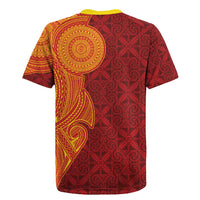 Niue Polynesian Hiapo Tattoo Art Rugby Jersey Half Style Red Yellow Color - Polynesian Pride
