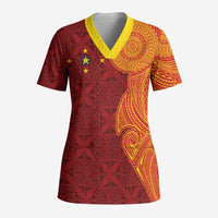 Niue Polynesian Hiapo Tattoo Art Scrub Top Half Style Red Yellow Color - Polynesian Pride