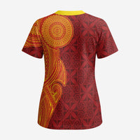 Niue Polynesian Hiapo Tattoo Art Scrub Top Half Style Red Yellow Color - Polynesian Pride