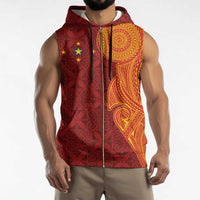 Niue Polynesian Hiapo Tattoo Art Sleeveless Zip Hoodie Half Style Red Yellow Color LT03 - Polynesian Pride