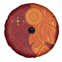 Niue Polynesian Hiapo Tattoo Art Spare Tire Cover Half Style Red Yellow Color - Polynesian Pride