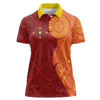 Niue Polynesian Hiapo Tattoo Art Women Polo Shirt Half Style Red Yellow Color - Polynesian Pride