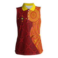 Niue Polynesian Hiapo Tattoo Art Women Sleeveless Polo Shirt Half Style Red Yellow Color - Polynesian Pride