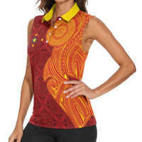 Niue Polynesian Hiapo Tattoo Art Women Sleeveless Polo Shirt Half Style Red Yellow Color - Polynesian Pride