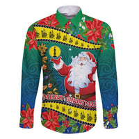 New Caledonia Christmas Family Matching Puletasi Dress and Hawaiian Shirt Santa Claus and Kanak Flag Mix Poinsettia Maori Pattern LT03 Dad's Shirt - Long Sleeve Green - Polynesian Pride