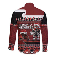New Zealand Christmas Long Sleeve Button Shirt Meri Kirihimete Aotearoa Warrior on Waka with Maori Art Tattoo