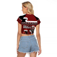 New Zealand Christmas Raglan Cropped T Shirt Meri Kirihimete Aotearoa Warrior on Waka with Maori Art Tattoo
