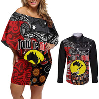 Aotearoa and Australia Toitu Te Tiriti Couples Matching Off Shoulder Short Dress and Long Sleeve Button Shirt Honour the Treaty - Te Tiriti Is Us