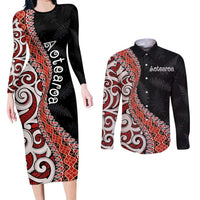 Aotearoa Maori Stylized Koru - Silver Ferns Couples Matching Long Sleeve Bodycon Dress and Long Sleeve Button Shirt LT03 Red - Polynesian Pride