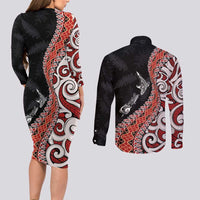 Aotearoa Maori Stylized Koru - Silver Ferns Couples Matching Long Sleeve Bodycon Dress and Long Sleeve Button Shirt LT03 - Polynesian Pride