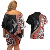 Aotearoa Maori Stylized Koru - Silver Ferns Couples Matching Off Shoulder Short Dress and Hawaiian Shirt LT03 - Polynesian Pride