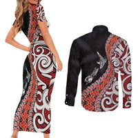 Aotearoa Maori Stylized Koru - Silver Ferns Couples Matching Short Sleeve Bodycon Dress and Long Sleeve Button Shirt LT03 - Polynesian Pride