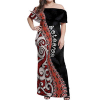 Aotearoa Maori Stylized Koru - Silver Ferns Off Shoulder Maxi Dress LT03 Women Red - Polynesian Pride