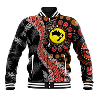 Aotearoa and Australia Baseball Jacket Maori Koru Ferns With Aboriginal Kangaroo LT03 Unisex Black - Polynesian Pride