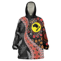 Aotearoa and Australia Wearable Blanket Hoodie Maori Koru Ferns With Aboriginal Kangaroo LT03 One Size Black - Polynesian Pride