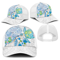 Hawaiian Couple Turtles Honi Baseball Net Cap Polynesian Art Motifs and Hibiscus White Blue Color - Polynesian Pride