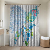 Hawaiian Couple Turtles Honi Bathroom Set Polynesian Art Motifs and Hibiscus White Blue Color - Polynesian Pride