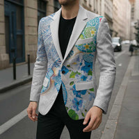 Hawaiian Couple Turtles Honi Blazer Polynesian Art Motifs and Hibiscus White Blue Color - Polynesian Pride