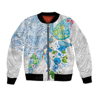 Hawaiian Couple Turtles Honi Bomber Jacket Polynesian Art Motifs and Hibiscus White Blue Color - Polynesian Pride