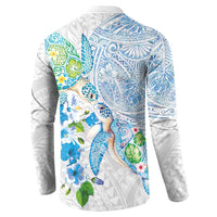 Hawaiian Couple Turtles Honi Button Sweatshirt Polynesian Art Motifs and Hibiscus White Blue Color - Polynesian Pride