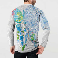 Hawaiian Couple Turtles Honi Button Sweatshirt Polynesian Art Motifs and Hibiscus White Blue Color - Polynesian Pride