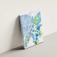 Hawaiian Couple Turtles Honi Canvas Wall Art Polynesian Art Motifs and Hibiscus White Blue Color - Polynesian Pride