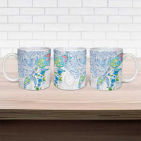 Hawaiian Couple Turtles Honi Ceramic Mug Polynesian Art Motifs and Hibiscus White Blue Color - Polynesian Pride