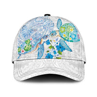 Hawaiian Couple Turtles Honi Classic Cap Polynesian Art Motifs and Hibiscus White Blue Color - Polynesian Pride