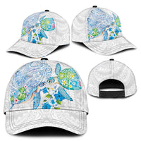Hawaiian Couple Turtles Honi Classic Cap Polynesian Art Motifs and Hibiscus White Blue Color - Polynesian Pride