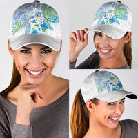 Hawaiian Couple Turtles Honi Classic Cap Polynesian Art Motifs and Hibiscus White Blue Color LT03 - Polynesian Pride