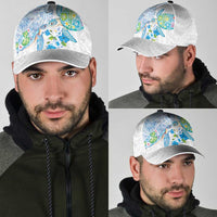 Hawaiian Couple Turtles Honi Classic Cap Polynesian Art Motifs and Hibiscus White Blue Color LT03 - Polynesian Pride