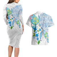Hawaiian Couple Turtles Honi Couples Matching Long Sleeve Bodycon Dress and Hawaiian Shirt Polynesian Art Motifs and Hibiscus White Blue Color - Polynesian Pride