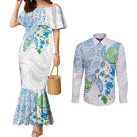Hawaiian Couple Turtles Honi Couples Matching Mermaid Dress and Long Sleeve Button Shirt Polynesian Art Motifs and Hibiscus White Blue Color - Polynesian Pride