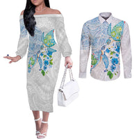 Hawaiian Couple Turtles Honi Couples Matching Off The Shoulder Long Sleeve Dress and Long Sleeve Button Shirt Polynesian Art Motifs and Hibiscus White Blue Color - Polynesian Pride