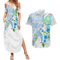 Hawaiian Couple Turtles Honi Couples Matching Summer Maxi Dress and Hawaiian Shirt Polynesian Art Motifs and Hibiscus White Blue Color - Polynesian Pride