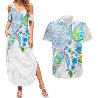 Hawaiian Couple Turtles Honi Couples Matching Summer Maxi Dress and Hawaiian Shirt Polynesian Art Motifs and Hibiscus White Blue Color - Polynesian Pride