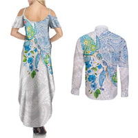 Hawaiian Couple Turtles Honi Couples Matching Summer Maxi Dress and Long Sleeve Button Shirt Polynesian Art Motifs and Hibiscus White Blue Color LT03 - Polynesian Pride