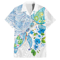 Hawaiian Couple Turtles Honi Family Matching Long Sleeve Bodycon Dress and Hawaiian Shirt Polynesian Art Motifs and Hibiscus White Blue Color - Polynesian Pride