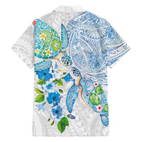 Hawaiian Couple Turtles Honi Family Matching Long Sleeve Bodycon Dress and Hawaiian Shirt Polynesian Art Motifs and Hibiscus White Blue Color - Polynesian Pride