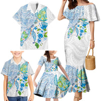 Hawaiian Couple Turtles Honi Family Matching Mermaid Dress and Hawaiian Shirt Polynesian Art Motifs and Hibiscus White Blue Color - Polynesian Pride