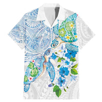 Hawaiian Couple Turtles Honi Family Matching Mermaid Dress and Hawaiian Shirt Polynesian Art Motifs and Hibiscus White Blue Color - Polynesian Pride