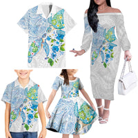 Hawaiian Couple Turtles Honi Family Matching Off The Shoulder Long Sleeve Dress and Hawaiian Shirt Polynesian Art Motifs and Hibiscus White Blue Color - Polynesian Pride