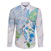 Hawaiian Couple Turtles Honi Family Matching Off The Shoulder Long Sleeve Dress and Hawaiian Shirt Polynesian Art Motifs and Hibiscus White Blue Color - Polynesian Pride