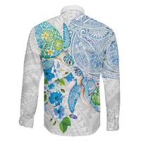 Hawaiian Couple Turtles Honi Family Matching Off The Shoulder Long Sleeve Dress and Hawaiian Shirt Polynesian Art Motifs and Hibiscus White Blue Color - Polynesian Pride