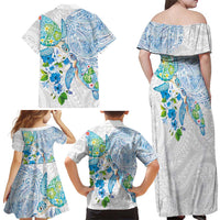 Hawaiian Couple Turtles Honi Family Matching Off Shoulder Maxi Dress and Hawaiian Shirt Polynesian Art Motifs and Hibiscus White Blue Color - Polynesian Pride